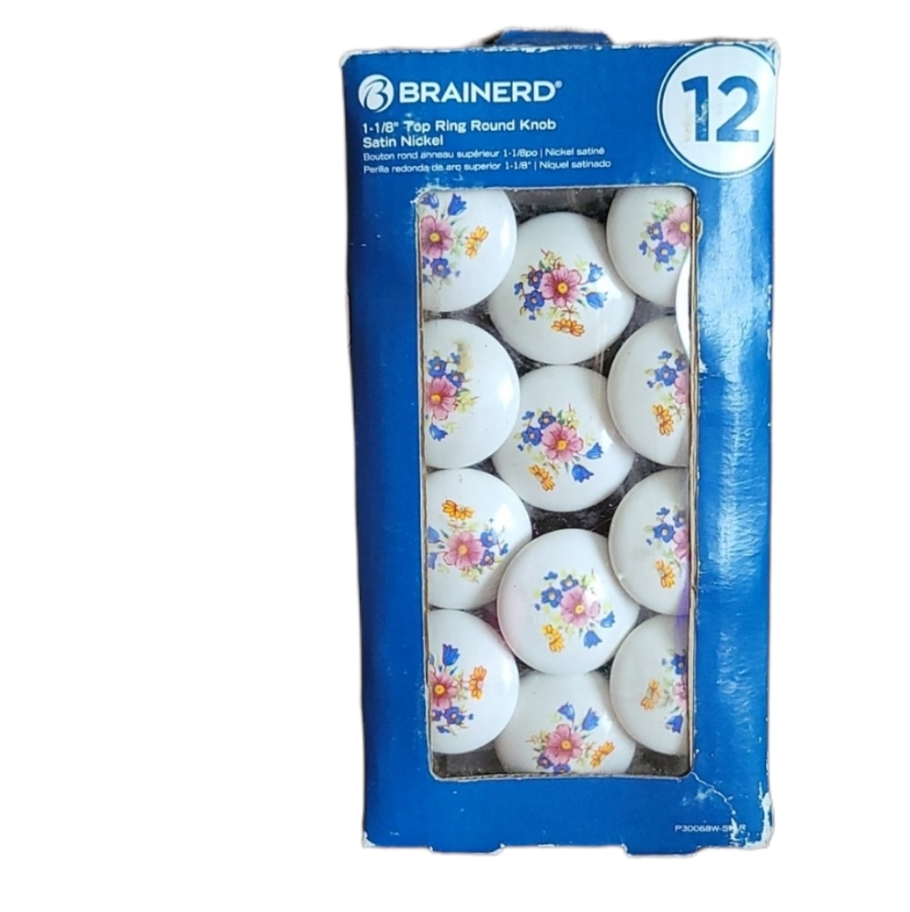 Brainerd 12-Pack Ceramic White Satin Floral Nickel Top Ring Round Knob Hardware